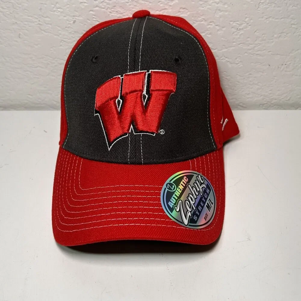 Wisconsin Badgers Hat Cap by Zephyr NCAA Stretch Fit Red / Black M/L Fitted